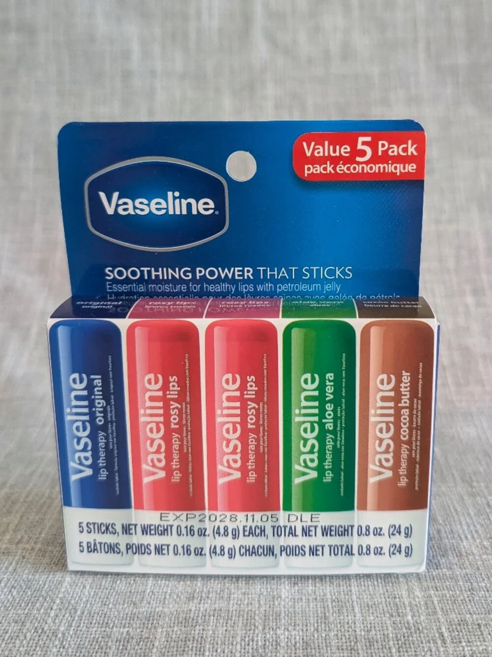 Vaseline Lip Therapy 5 Pack Lip Balm Rosy (2), Aloe Vera, Cocoa Butter, Original